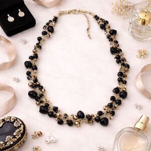 Gold Tone Black & Gold Beaded Wire Work Statement Necklace